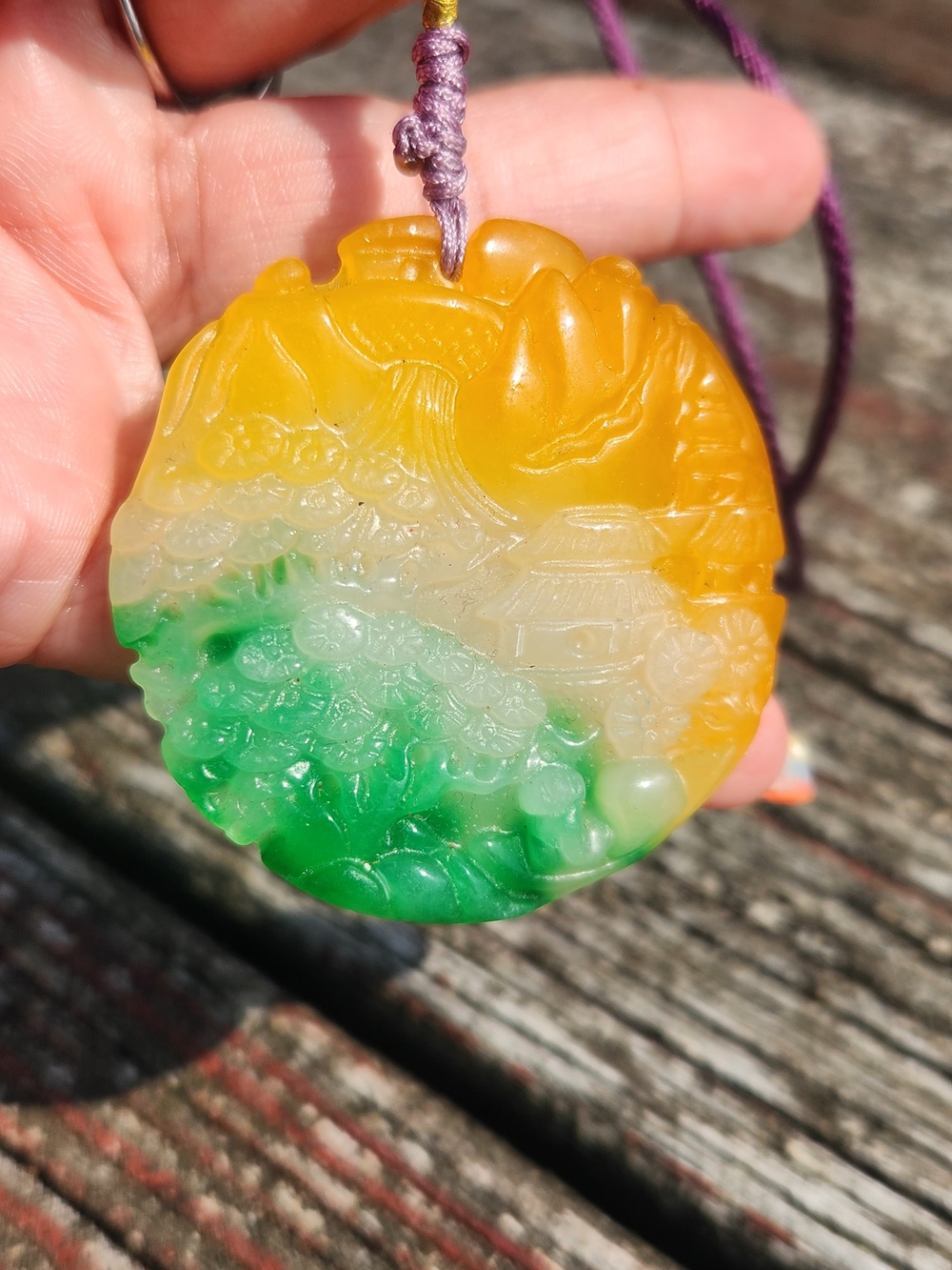 Carved Multicolor Jade Chinese Landscape Pendant Necklace Adjustable Cord